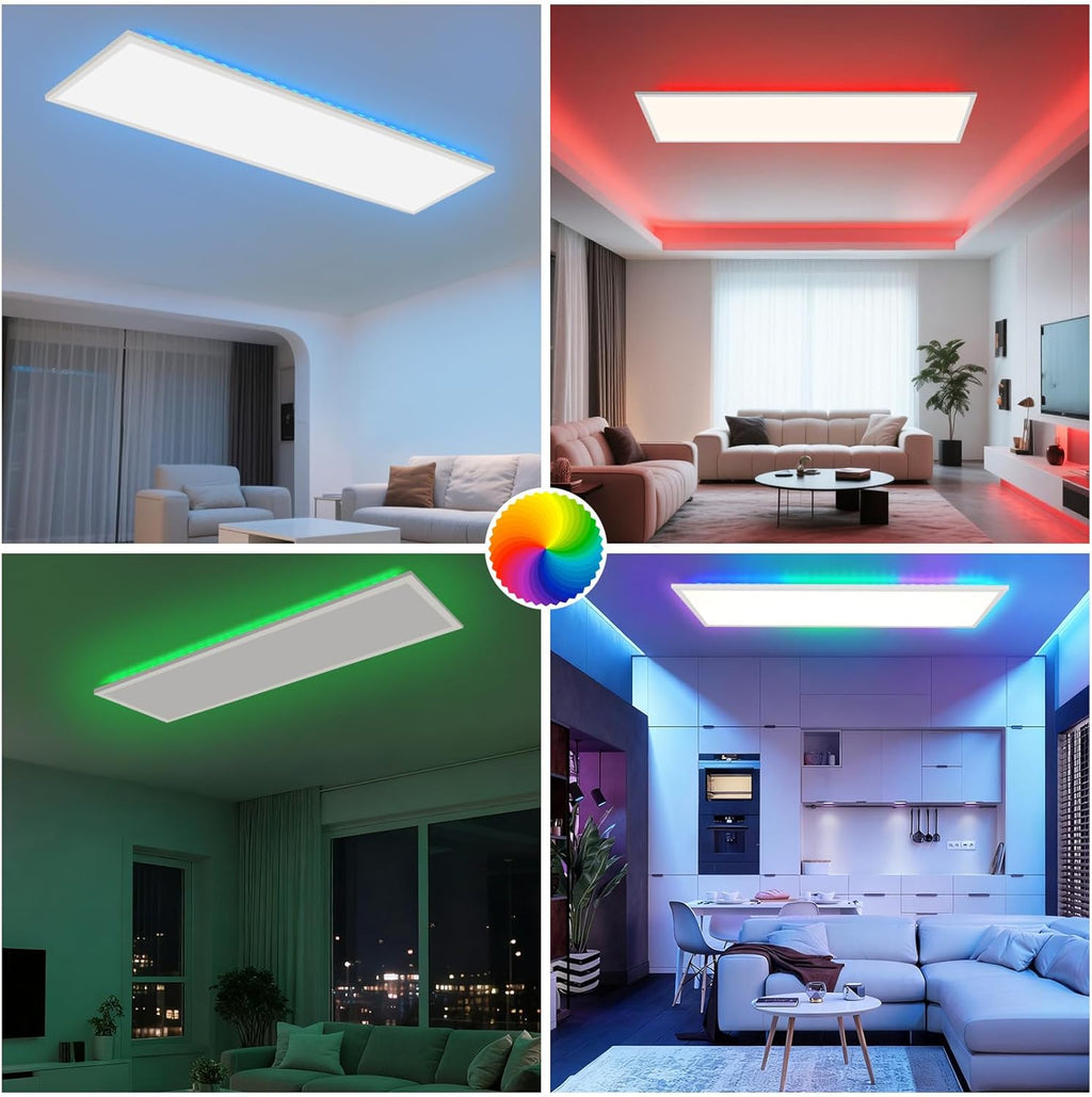 Homefire Deckenlampe LED Panel 120 x 30cm - Deckenleuchte Dimmbar 36W Deckenpanel Weiß Wohnzimmerlampe Einstellbare Helligkeit RGB Vier Modi Flach Bürolampe mit Speicherfunktion für Wohnzimmer