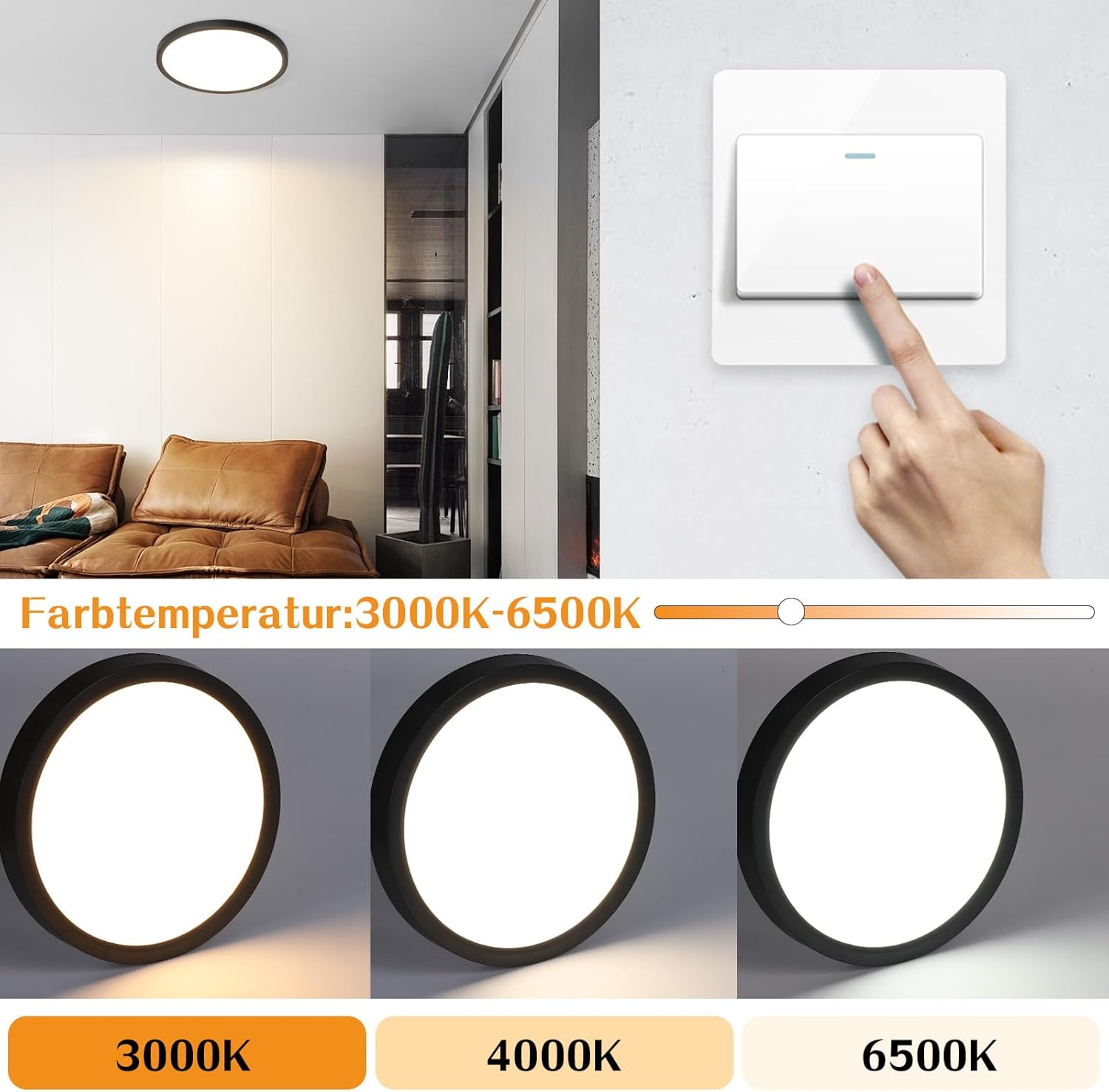 Homefire Deckenlampe LED Deckenleuchte Flach - Rund Badezimmerlampe 18CM IP44 Wasserdicht Badlampe Küchenlampe Decke Schwarz Flurlampe 15W Augenschutz 3000K/4000K/6500K für Bad Küche Flur