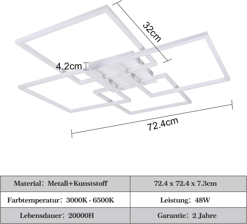 Homefire Deckenlampe Wohnzimmer LED Deckenleuchte - 48W Modern Wohnzimmerlampe Stufenloses Dimmbar 3000K - 6500K Weiß Schlafzimmerlampe mit Fernbedienung Eckig Deckenbeleuchtung für Schlafzimme Küche