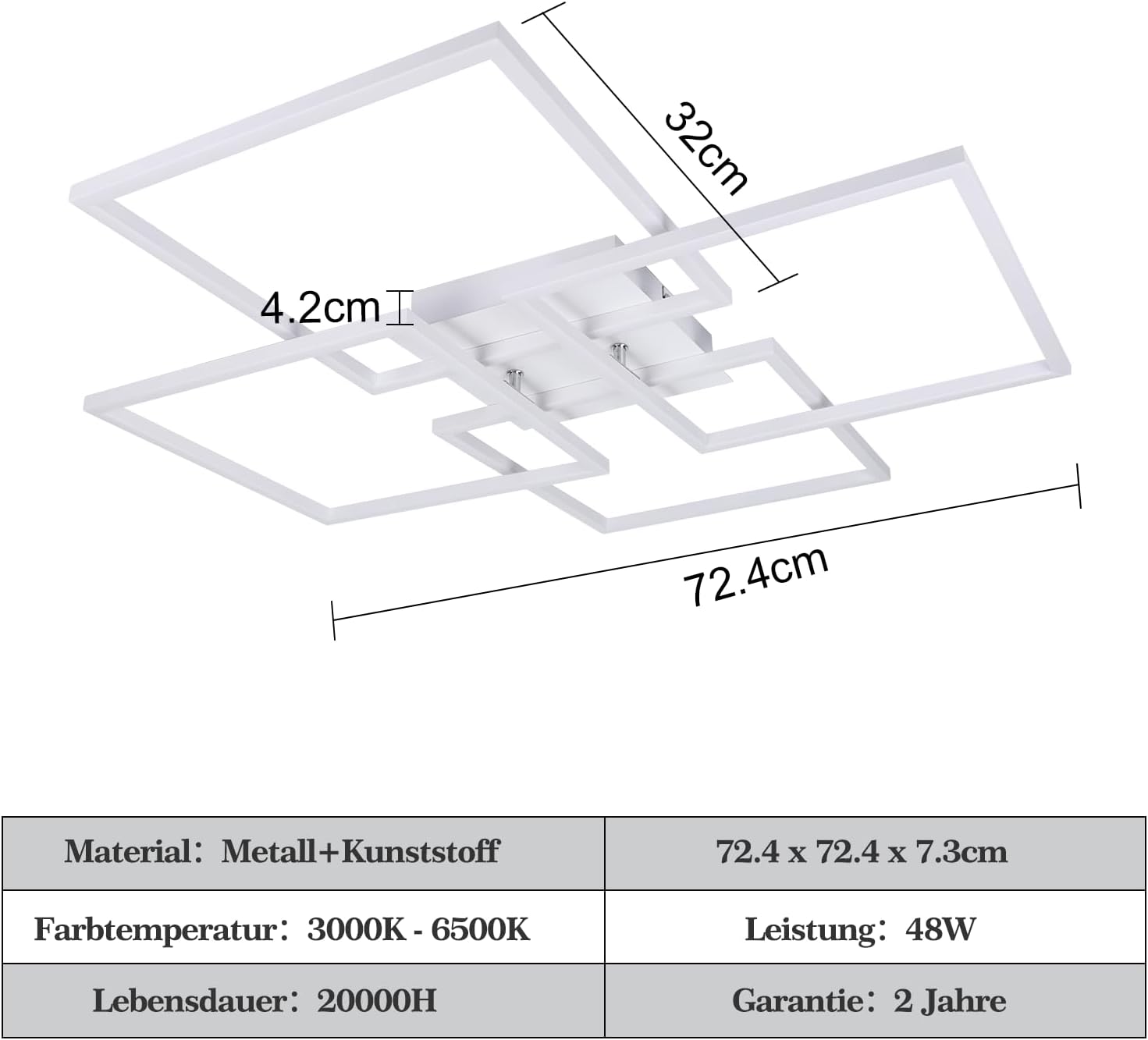 Homefire Deckenlampe Wohnzimmer LED Deckenleuchte - 48W Modern Wohnzimmerlampe Stufenloses Dimmbar 3000K - 6500K Weiß Schlafzimmerlampe mit Fernbedienung Eckig Deckenbeleuchtung für Schlafzimme Küche