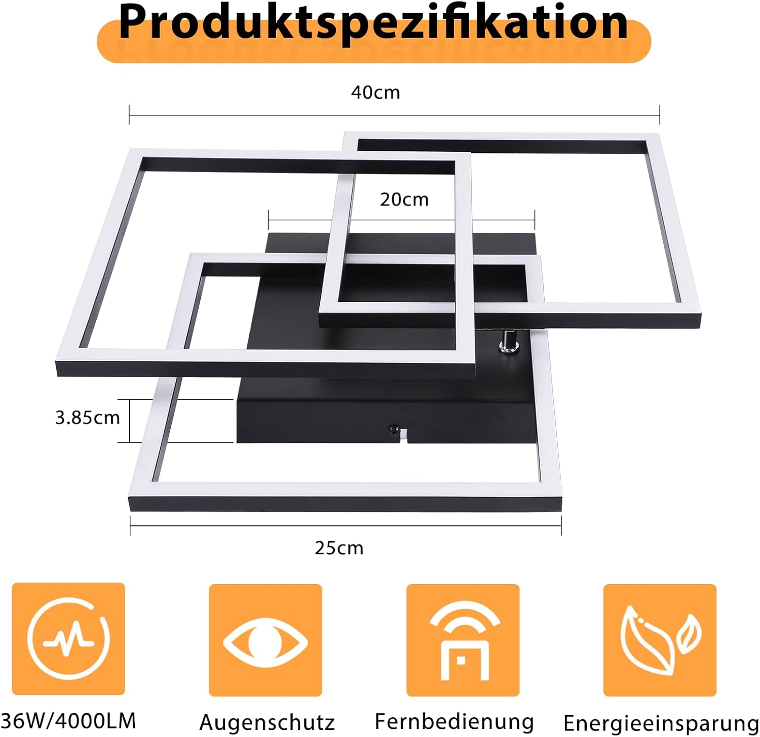 Homefire Deckenlampe LED Deckenleuchte Wohnzimmer - 36W Dimmbar Modern Design Wohnzimmerlampe Schwarz mit Fernbedienung Küchenlampe Flur Schlafzimmerlampe Eckig Deckenleuchten für Küche Büro