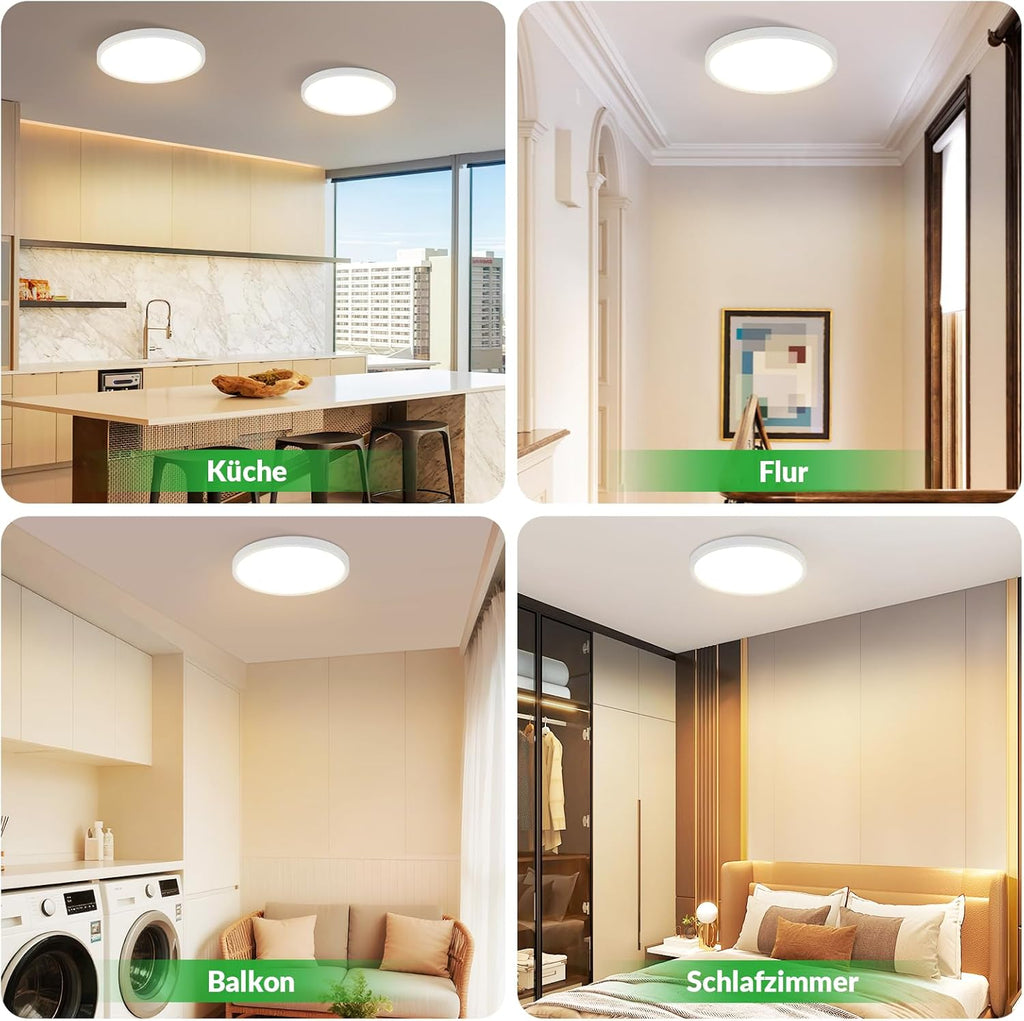Homefire Deckenleuchte LED Deckenlampe Flach - 30CM Rund Schlafzimmerlampe Küchenlampe 24W Weiß Badezimmerlampe 3000K Schlafzimmer Deckenbeleuchtung Warmweiß Flurlampe für Bad Flur Küche Balkon