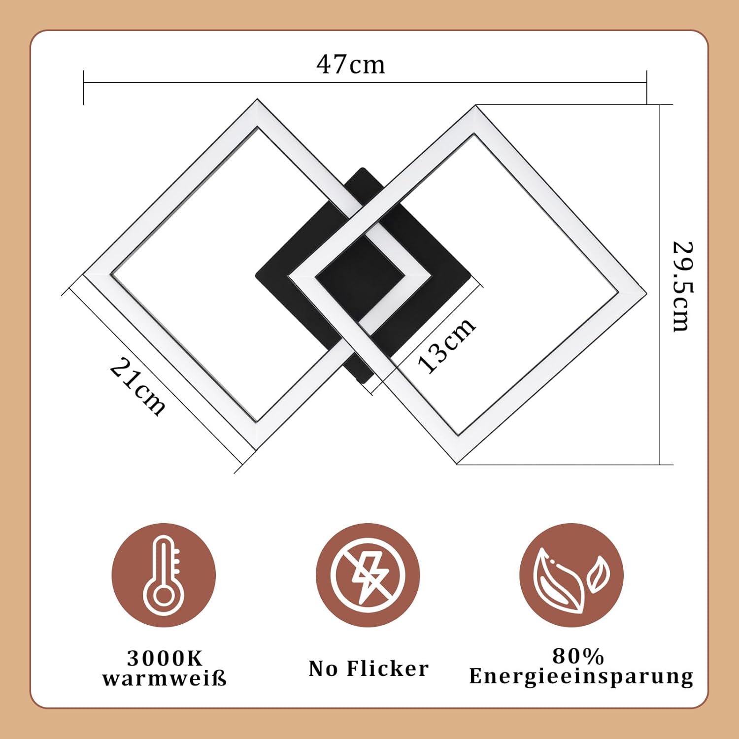 Homefire Deckenlampe LED Deckenleuchte Küche: 24W Küchenlampe Schwarz Wohnzimmerlampe Modern Design Flurlampe Warmweiß Flur Schlafzimmerlampe Eckig Deckenbeleuchtung für Wohnzimmer Schlafzimmer