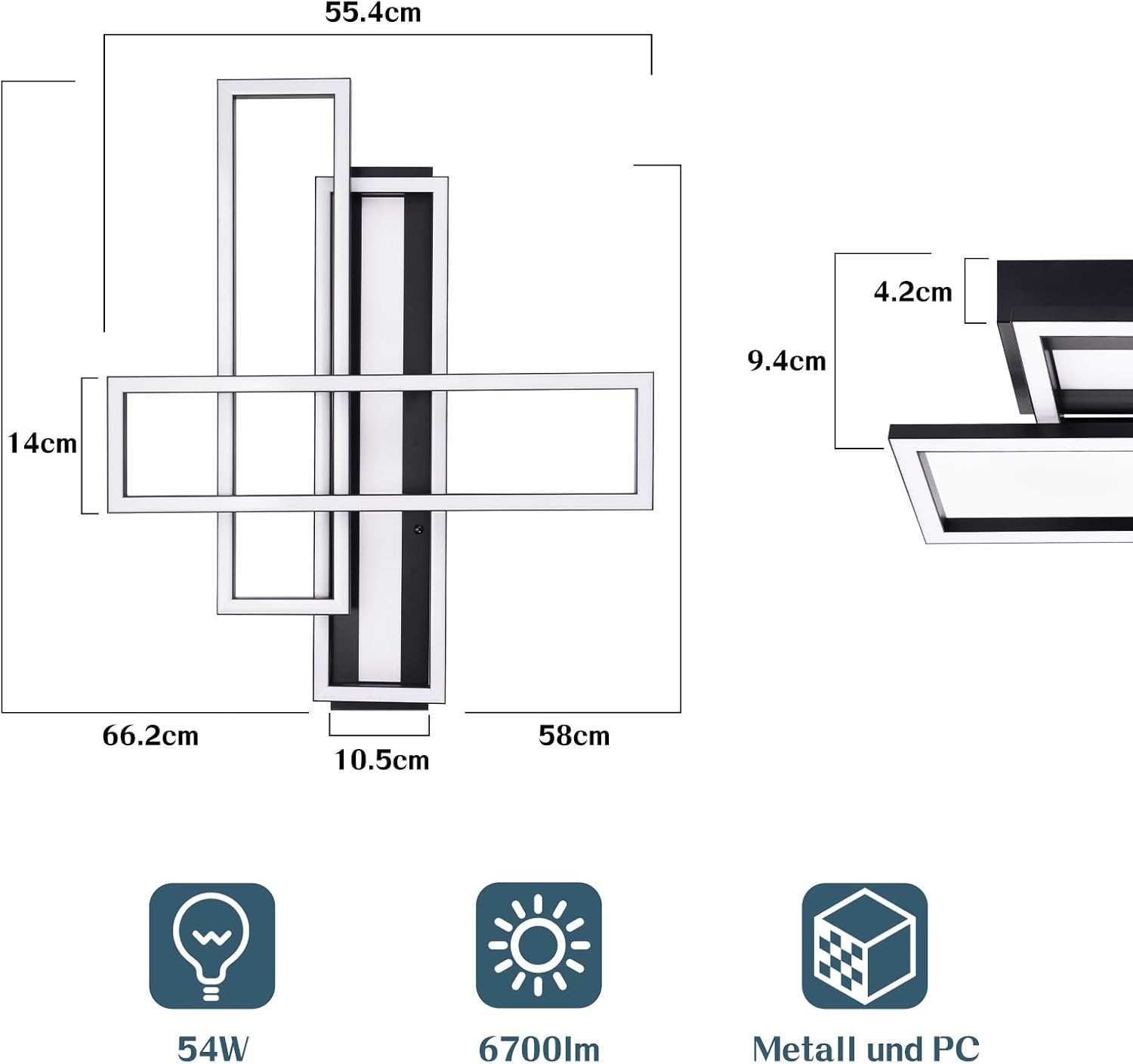 Homefire Deckenlampe LED Deckenleuchte Wohnzimmer - 54W Schwarz Dimmbar Schlafzimmerlampe Modern Design Küchenlampe mit Fernbedienung Wohnzimmerlampe Flur Rechteckig Deckenleuchten für Küche Esszimmer