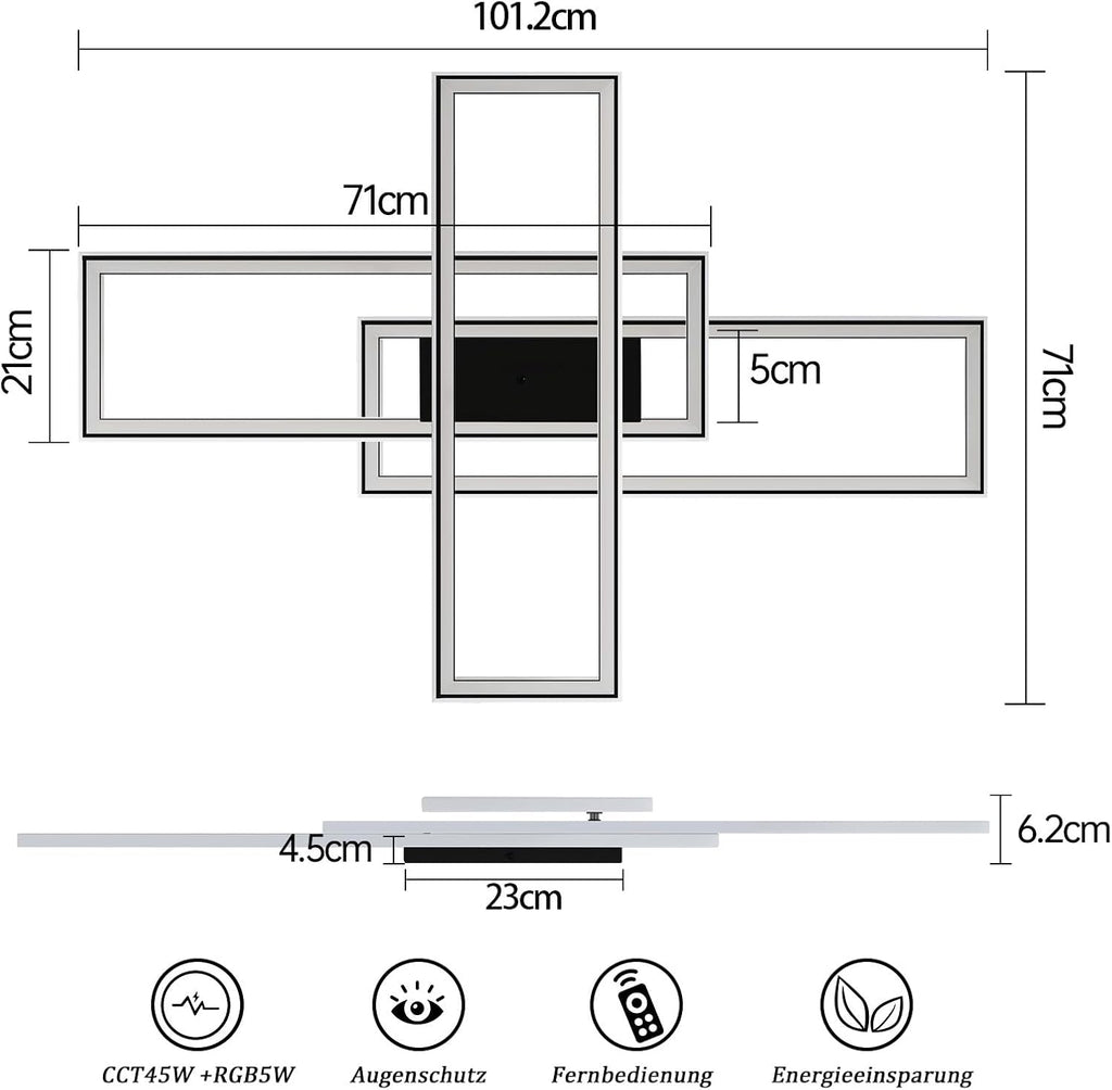 Homefire Deckenleuchte LED Deckenlampe Wohnzimmer - 50W Schwarz Wohnzimmerlampe Dimmbar RGB Farbwechsel Schlafzimmerlampe Modern mit Fernbedienung Büro Deckenleuchten für Jugendzimmer Gaming Zimmer