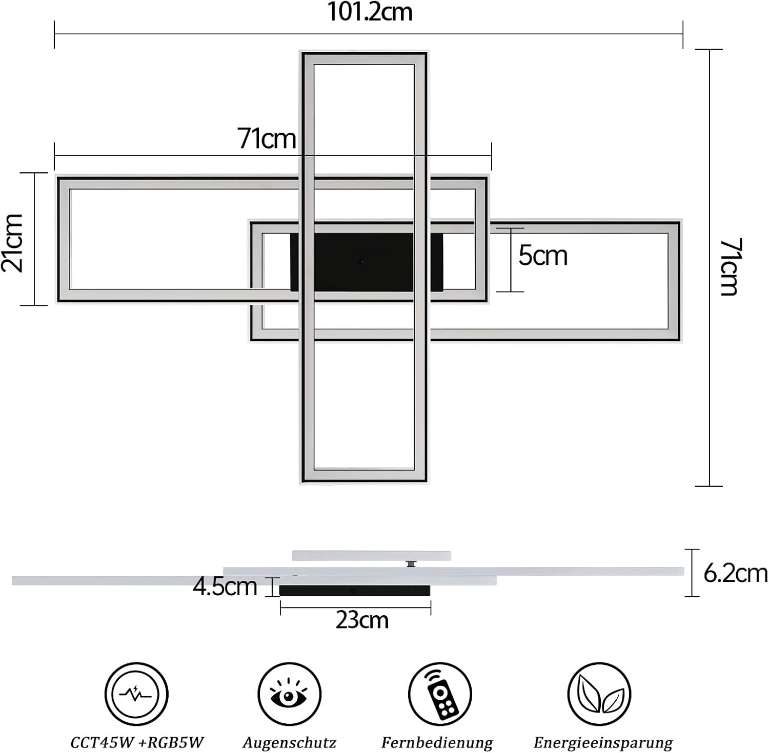 Homefire Deckenleuchte LED Deckenlampe Wohnzimmer - 50W Schwarz Wohnzimmerlampe Dimmbar RGB Farbwechsel Schlafzimmerlampe Modern mit Fernbedienung Büro Deckenleuchten für Jugendzimmer Gaming Zimmer