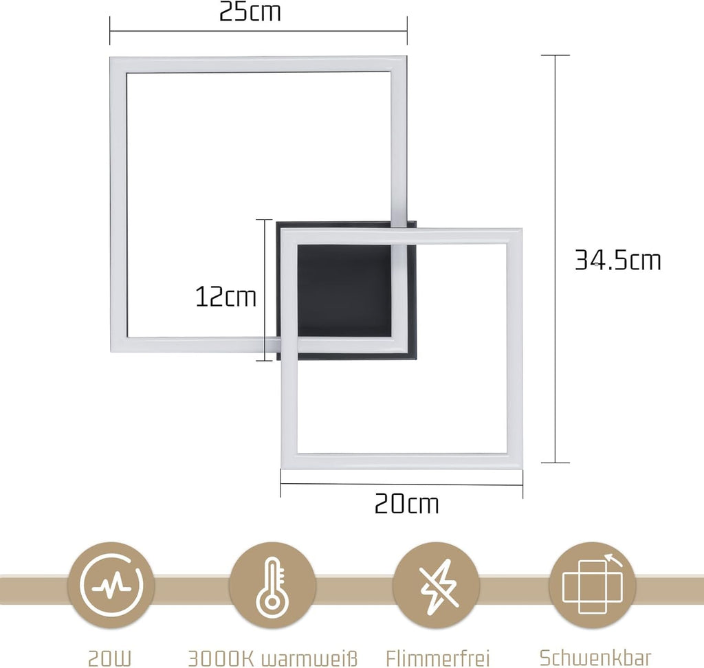 Homefire Deckenlampe LED Deckenleuchte Küche - 20W Schlafzimmerlampe Warmweiß 3000K Küchenlampe Drehbare Modern Design Schwarz Flurlampe Eckig Deckenbeleuchtung für Schlafzimmer Wohnzimmer Büro
