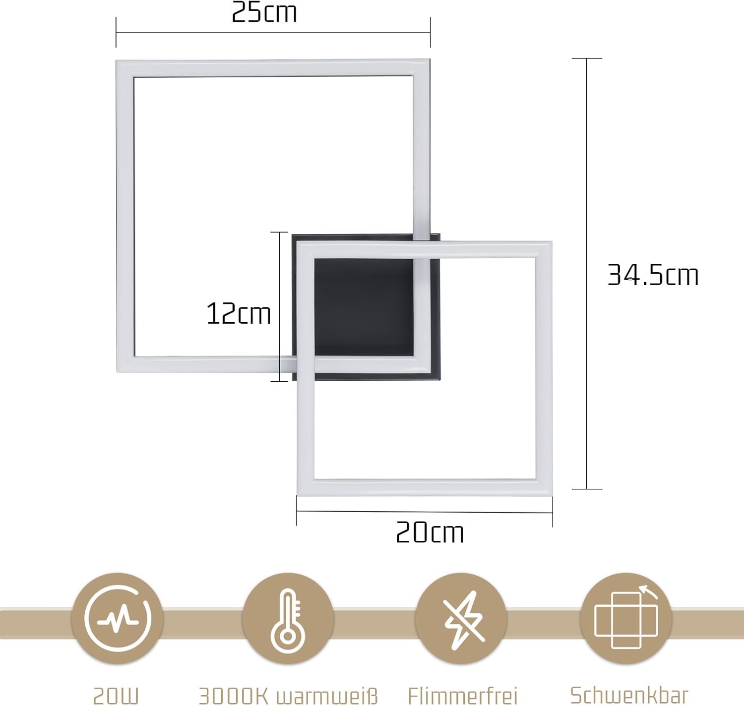 Homefire Deckenlampe LED Deckenleuchte Küche - 20W Schlafzimmerlampe Warmweiß 3000K Küchenlampe Drehbare Modern Design Schwarz Flurlampe Eckig Deckenbeleuchtung für Schlafzimmer Wohnzimmer Büro