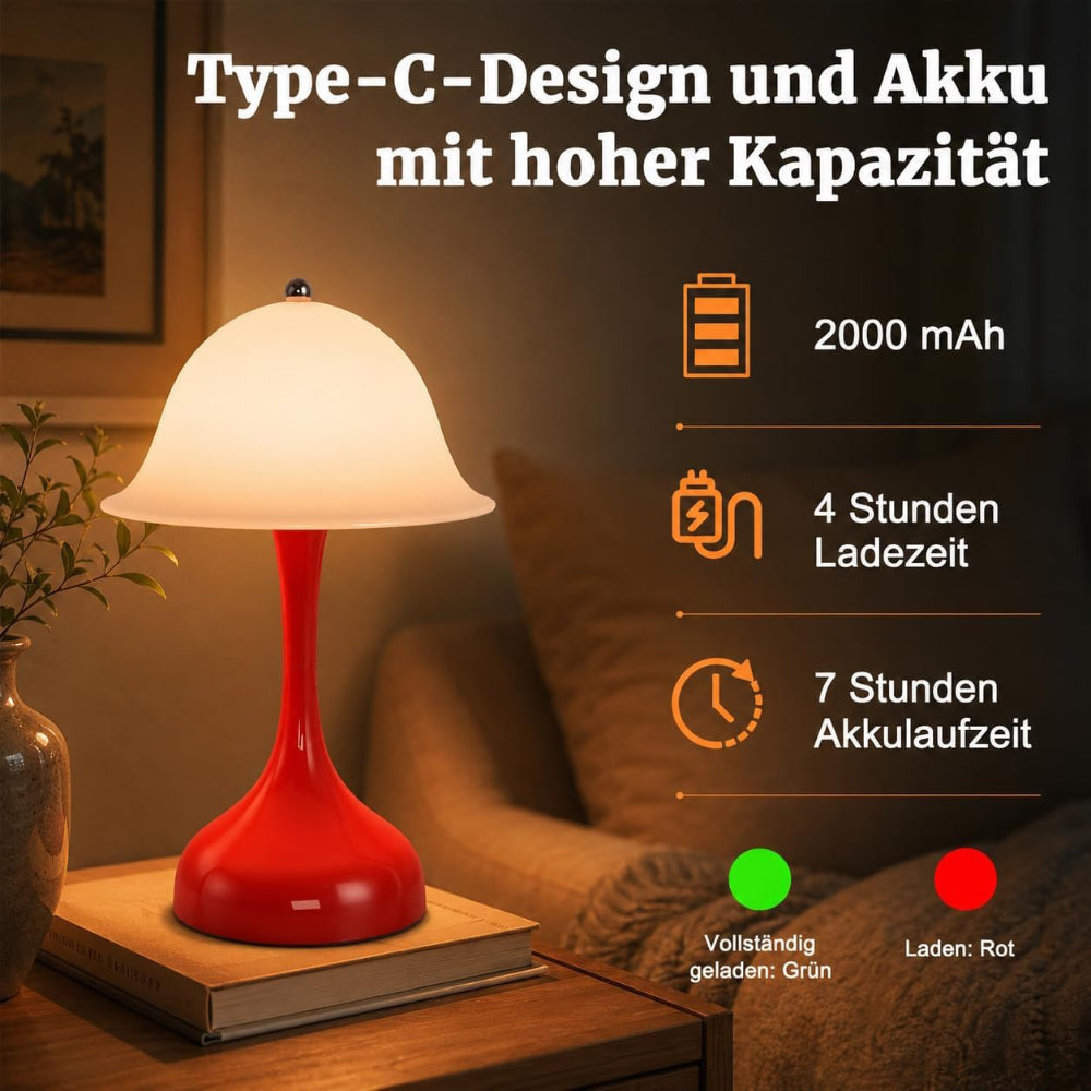 Nachttischlampe LED Tischlampe Kabellos - Akku Tischleuchte Touch Dimmbar 2000K-6500K Tischlampen USB Aufladbare Batterie Rot Nachttischlampen Modern Design Tischleuchten für Esstisch Esszimmer
