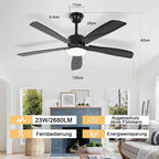 Homefire LED Deckenventilator Mit Beleuchtung Leise - 125CM groß Dimmbar 23W Schwarz Deckenlampe mit Ventilator und Fernbedienung Deckenleuchte Fan 6-Gang Timer für Schlafzimmer Küche Wohnzimmer
