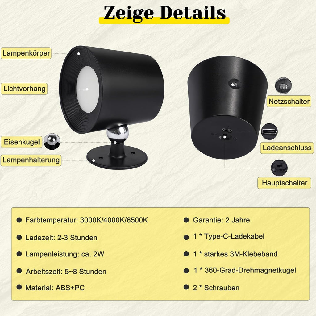 Homefire Wandlampe LED Wandleuchte Innen: Wandlampe mit akku ohne Stromanschluss mit Touch Dimmbar 360° drehbar Leselampe Schwarze Kabellose Wandlicht ohne bohren für Schlafzimmer Flur