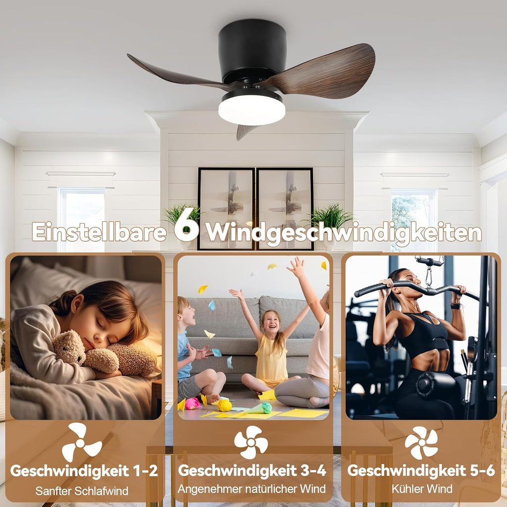 Homefire Deckenventilator Mit Beleuchtung und Fernbedienung Leise - 23W Dimmbar LED Deckenlampe mit Ventilator 70CM Schwarz Deckenventilatoren mit Licht Sommer/Winter 6-Gang Timer für Wohnzimmer Küche