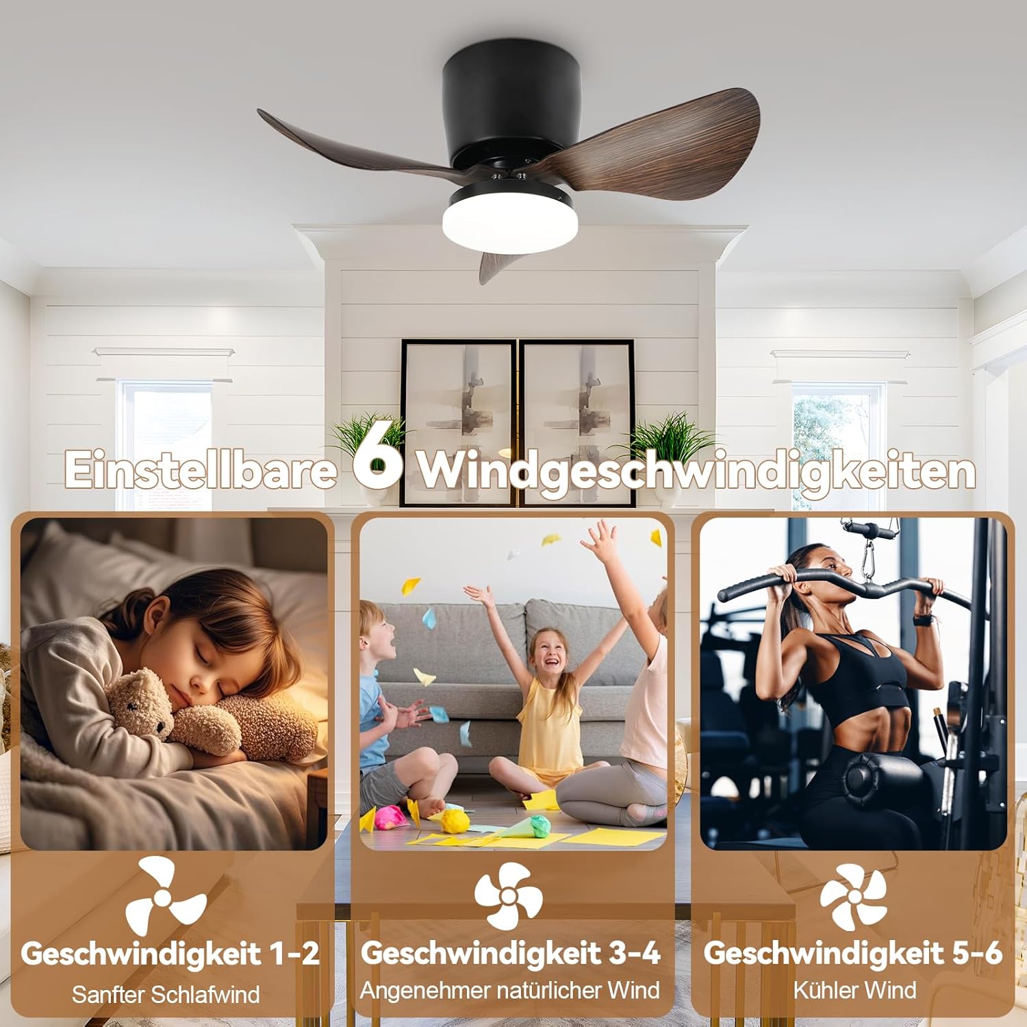 Homefire Deckenventilator Mit Beleuchtung und Fernbedienung Leise - 23W Dimmbar LED Deckenlampe mit Ventilator 70CM Schwarz Deckenventilatoren mit Licht Sommer/Winter 6-Gang Timer für Wohnzimmer Küche