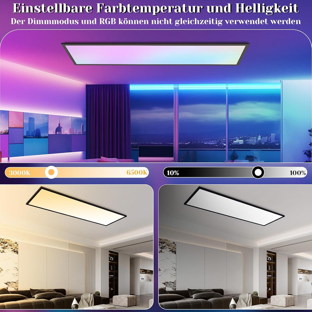 Homefire Deckenlampe LED Panel 120x30cm - Deckenleuchte Dimmbar Rechteckig 39W Deckenpanel Farbwechsel RGB + CCT Küchenlampe mit Fernbedienung Flach Bürolampe für Wohnzimmer Esszimmer Schlafzimmer