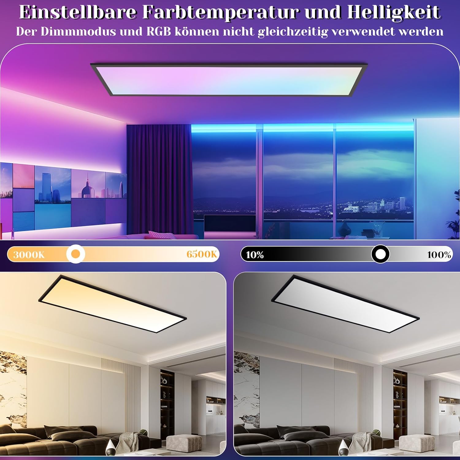 Homefire Deckenlampe LED Panel 120x30cm - Deckenleuchte Dimmbar Rechteckig 39W Deckenpanel Farbwechsel RGB + CCT Küchenlampe mit Fernbedienung Flach Bürolampe für Wohnzimmer Esszimmer Schlafzimmer