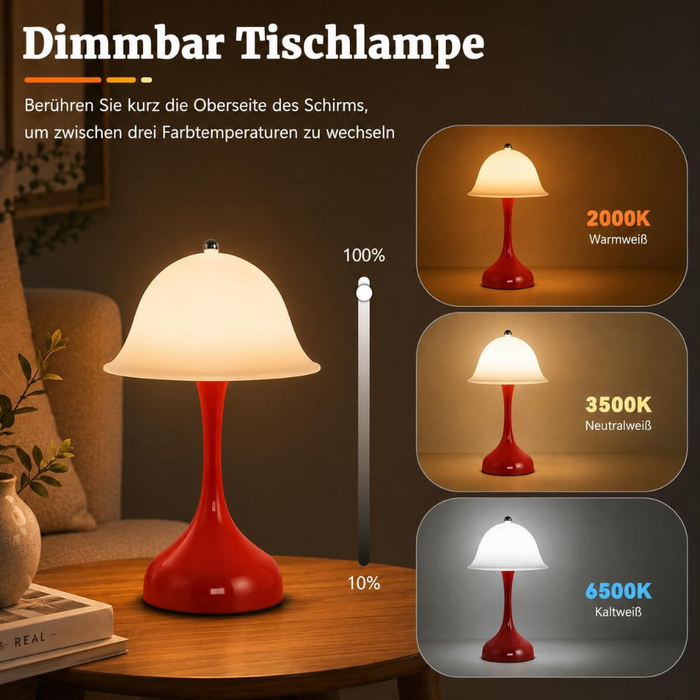 Nachttischlampe LED Tischlampe Kabellos - Akku Tischleuchte Touch Dimmbar 2000K-6500K Tischlampen USB Aufladbare Batterie Rot Nachttischlampen Modern Design Tischleuchten für Esstisch Esszimmer