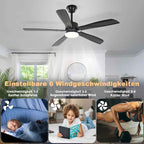 Homefire LED Deckenventilator Mit Beleuchtung Leise - 125CM groß Dimmbar 23W Schwarz Deckenlampe mit Ventilator und Fernbedienung Deckenleuchte Fan 6-Gang Timer für Schlafzimmer Küche Wohnzimmer