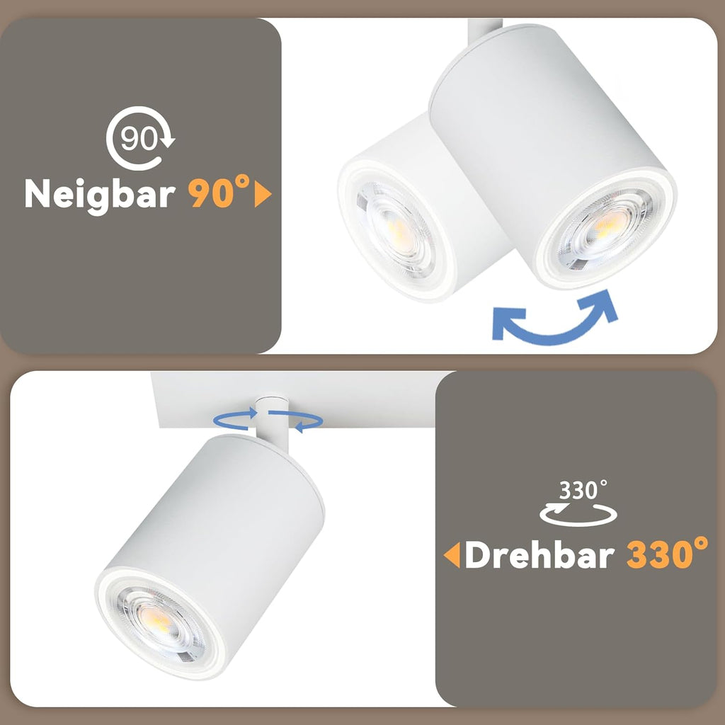 Homefire LED Deckenlampe 2 Flammig Deckenstrahler - 350° Schwenkbar Strahler GU10 Deckenleuchte Weiß flurlampe Spots Innen Deckenspot für Wohnzimmer Küche Schlafzimmer Ohne Leuchtmittel