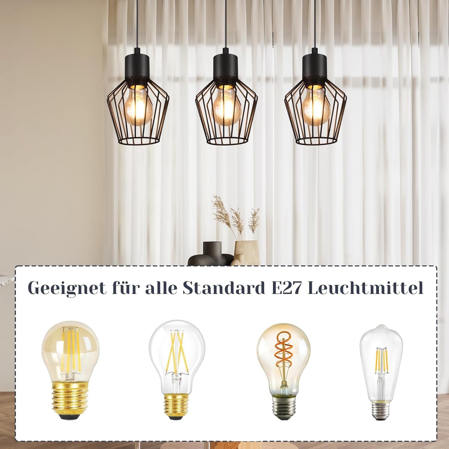 Pendellampe 3 Flammig Hängeleuchte Metall - Hängelampe Schwarz E27 Esszimmer Pendelleuchte Esstisch Küchenlampe Industrie LED für Flur Schlafzimmer Wohnzimmer Cafe