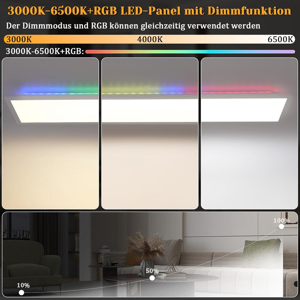 Homefire Deckenlampe LED Panel 120 x 30cm - Deckenleuchte Dimmbar 36W Deckenpanel Weiß Wohnzimmerlampe Einstellbare Helligkeit RGB Vier Modi Flach Bürolampe mit Speicherfunktion für Wohnzimmer