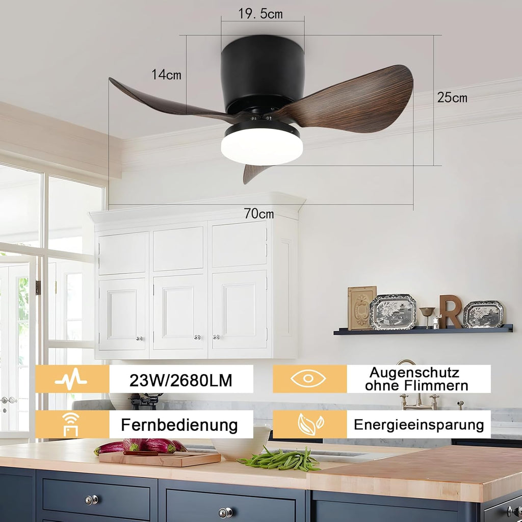 Homefire Deckenventilator Mit Beleuchtung und Fernbedienung Leise - 23W Dimmbar LED Deckenlampe mit Ventilator 70CM Schwarz Deckenventilatoren mit Licht Sommer/Winter 6-Gang Timer für Wohnzimmer Küche