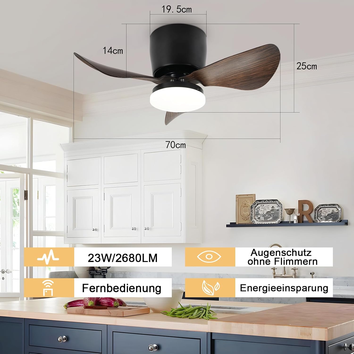 Homefire Deckenventilator Mit Beleuchtung und Fernbedienung Leise - 23W Dimmbar LED Deckenlampe mit Ventilator 70CM Schwarz Deckenventilatoren mit Licht Sommer/Winter 6-Gang Timer für Wohnzimmer Küche