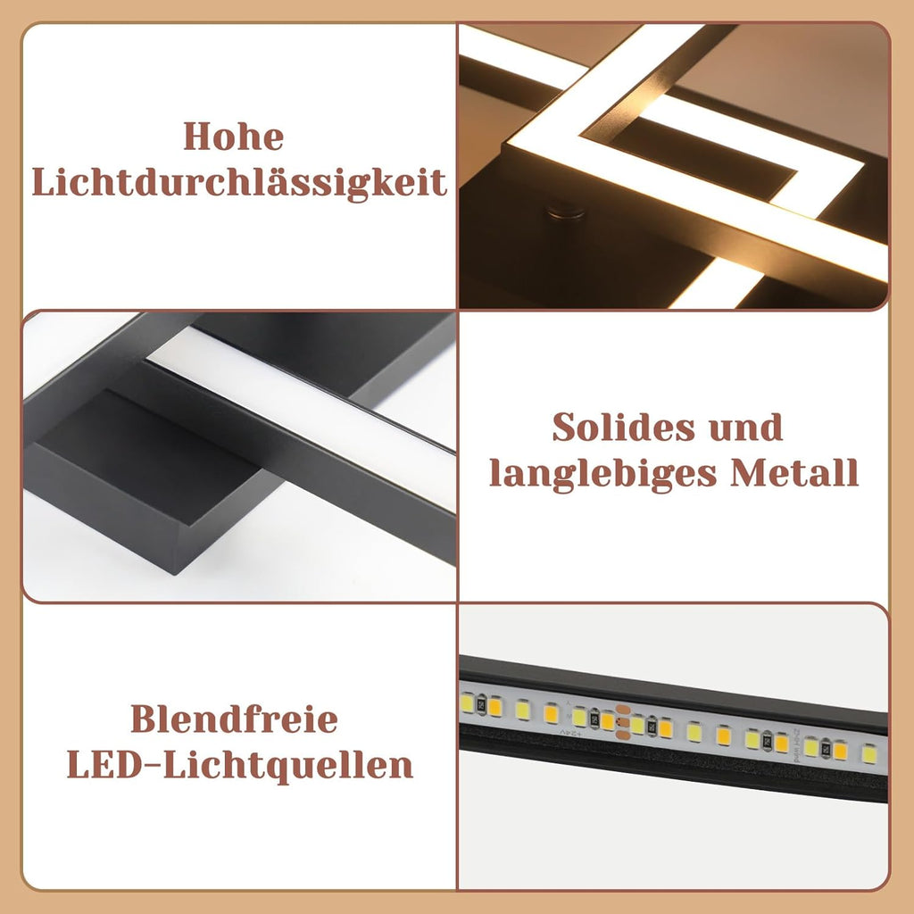 Homefire Deckenlampe LED Deckenleuchte Küche: 24W Küchenlampe Schwarz Wohnzimmerlampe Modern Design Flurlampe Warmweiß Flur Schlafzimmerlampe Eckig Deckenbeleuchtung für Wohnzimmer Schlafzimmer