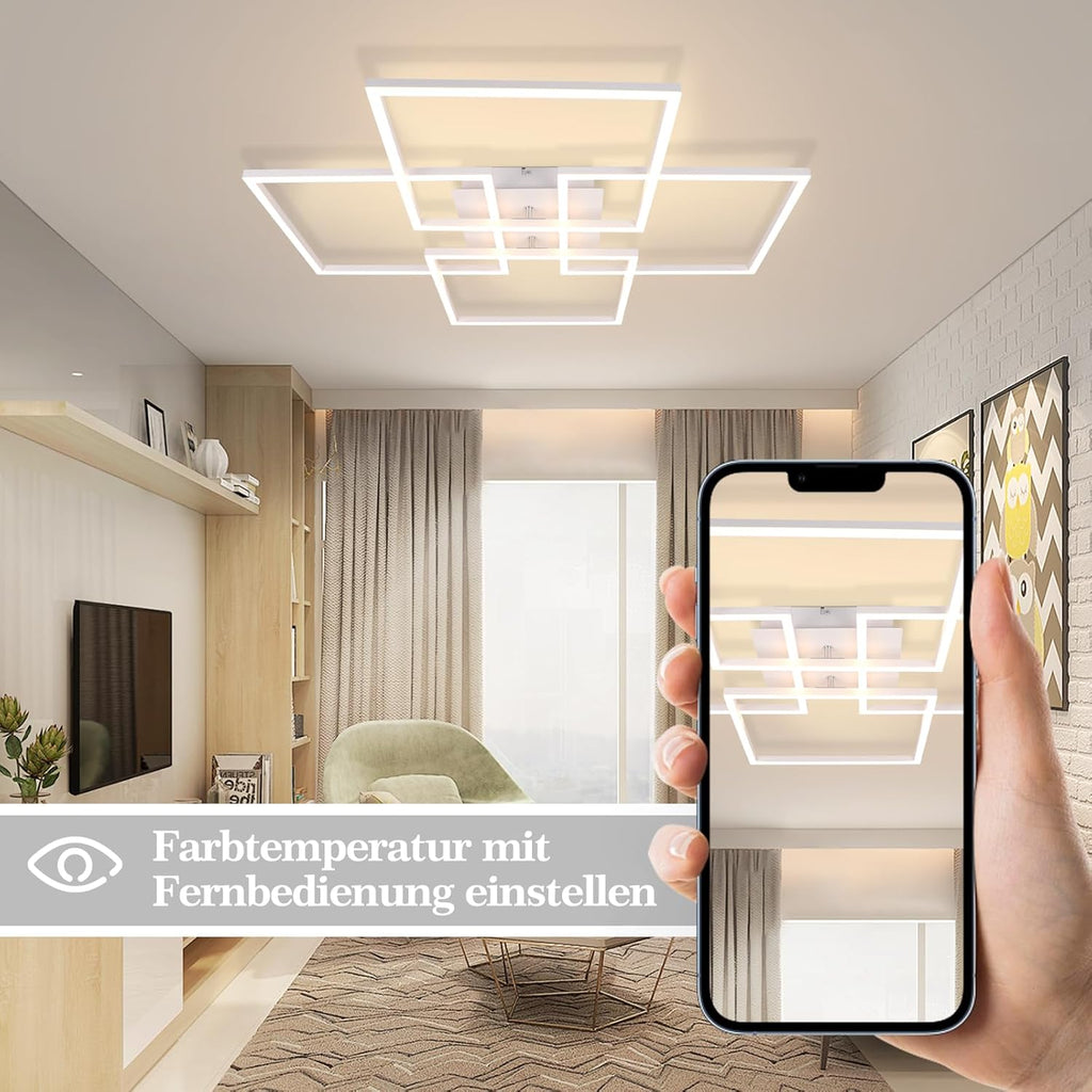Homefire Deckenlampe Wohnzimmer LED Deckenleuchte - 48W Modern Wohnzimmerlampe Stufenloses Dimmbar 3000K - 6500K Weiß Schlafzimmerlampe mit Fernbedienung Eckig Deckenbeleuchtung für Schlafzimme Küche