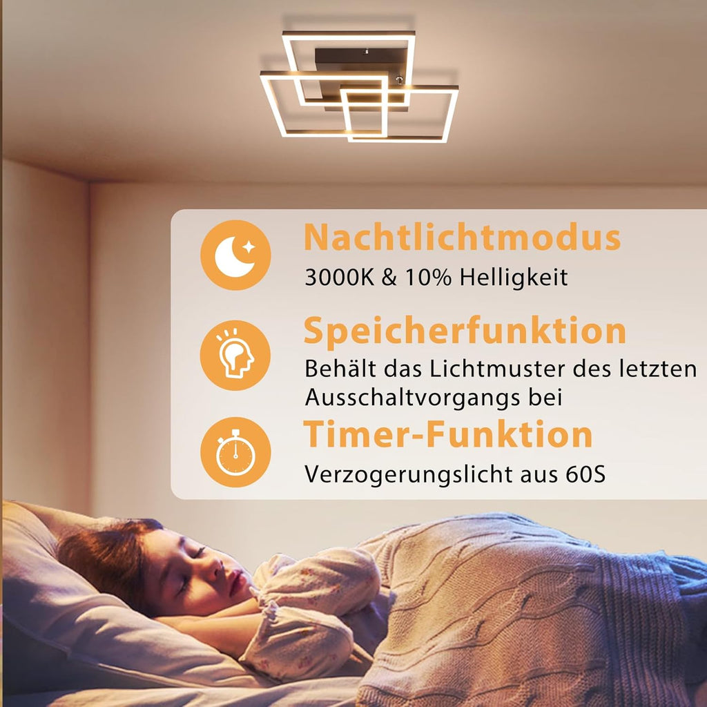 Homefire Deckenlampe LED Deckenleuchte Wohnzimmer - 36W Dimmbar Modern Design Wohnzimmerlampe Schwarz mit Fernbedienung Küchenlampe Flur Schlafzimmerlampe Eckig Deckenleuchten für Küche Büro