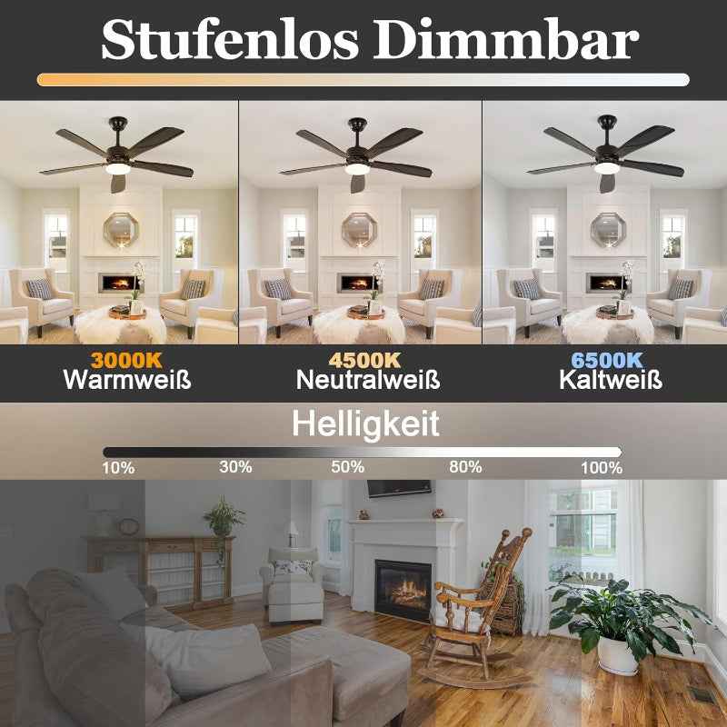 Homefire LED Deckenventilator Mit Beleuchtung Leise - 125CM groß Dimmbar 23W Schwarz Deckenlampe mit Ventilator und Fernbedienung Deckenleuchte Fan 6-Gang Timer für Schlafzimmer Küche Wohnzimmer