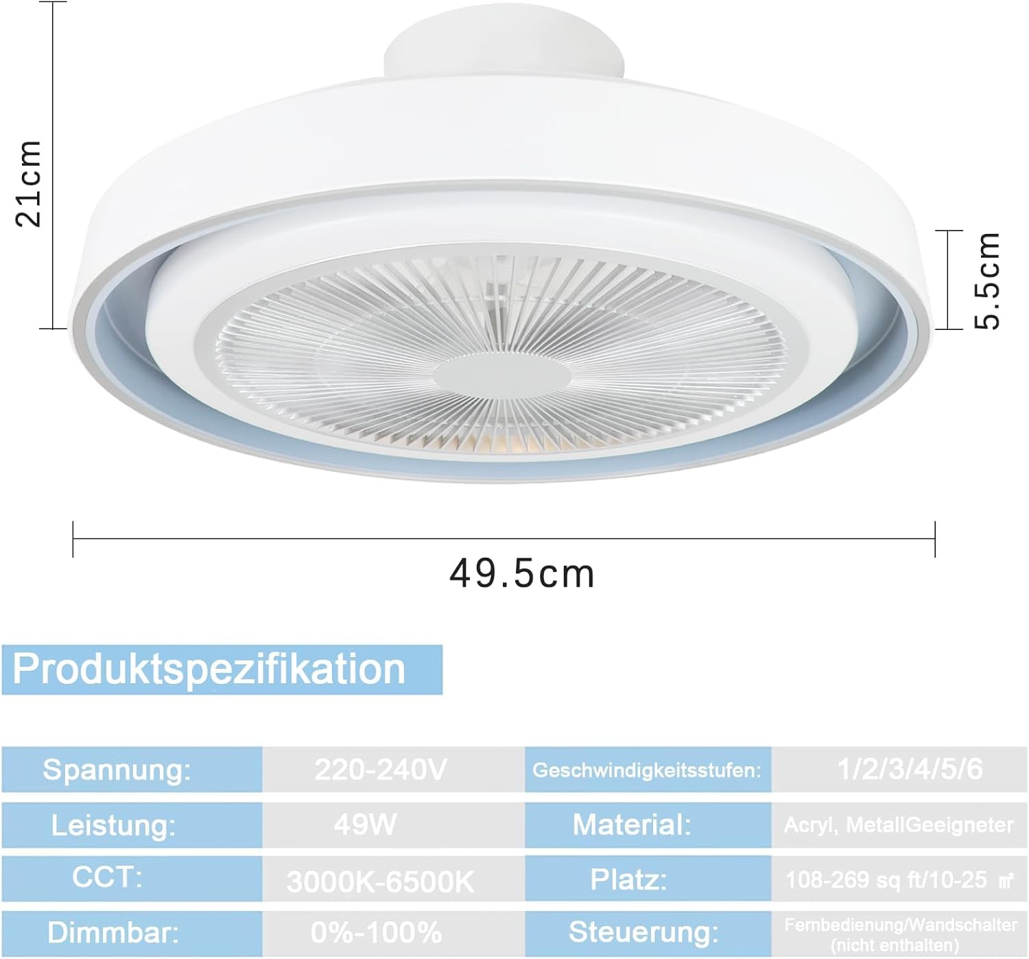 Homefire Deckenventilator mit Beleuchtung und Fernbedienung Leise - LED Dimmbar Deckenlampe mit Ventilator Lampe Decke Timing Deckenleuchte Modern Blau 5 Flügeln Licht für Schlafzimmer Wohnzimmer
