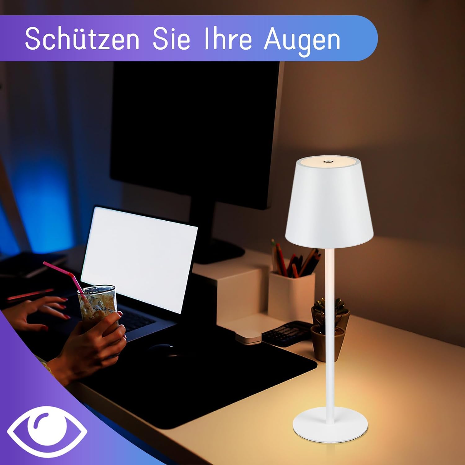 Homefire 2ER Tischlampe Kabellos LED Tischleuchte - Nachttischlampe RGB Touch Dimmbar Schreibtischlampe IP54 Bettlampe Tisch USB Nachttischleuchte Metall Aufladbar Weiß für Schreibtisch Nachttisch