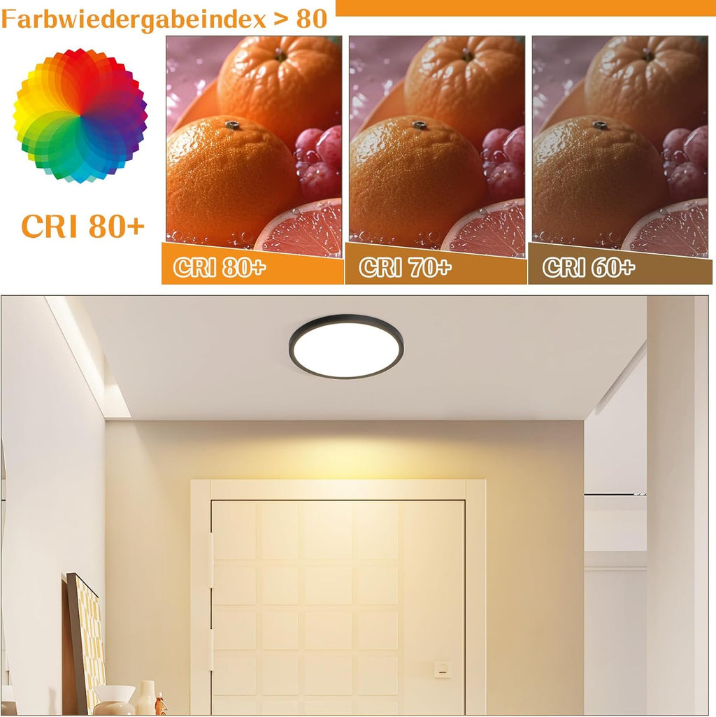 Homefire Deckenlampe LED Deckenleuchte Flach - Rund Badezimmerlampe 18CM IP44 Wasserdicht Badlampe Küchenlampe Decke Schwarz Flurlampe 15W Augenschutz 3000K/4000K/6500K für Bad Küche Flur