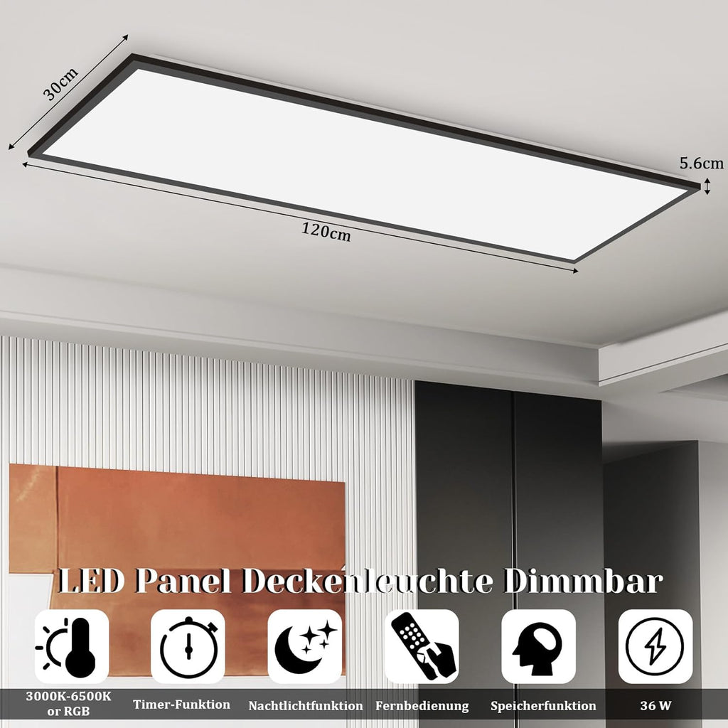 Homefire Deckenlampe LED Panel 120x30cm - Deckenleuchte Dimmbar 36W Farbwechsel Flach Bürolampe Stufenloses Dimmen 10%-100% Deckenpanel Küchenlampe mit Fernbedienung RGB Vier Modi für Wohnzimmer Büro
