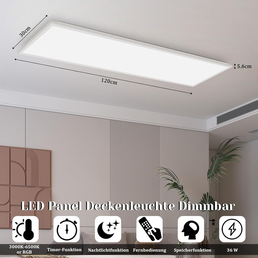 Homefire Deckenlampe LED Panel 120 x 30cm - Deckenleuchte Dimmbar 36W Deckenpanel Weiß Wohnzimmerlampe Einstellbare Helligkeit RGB Vier Modi Flach Bürolampe mit Speicherfunktion für Wohnzimmer