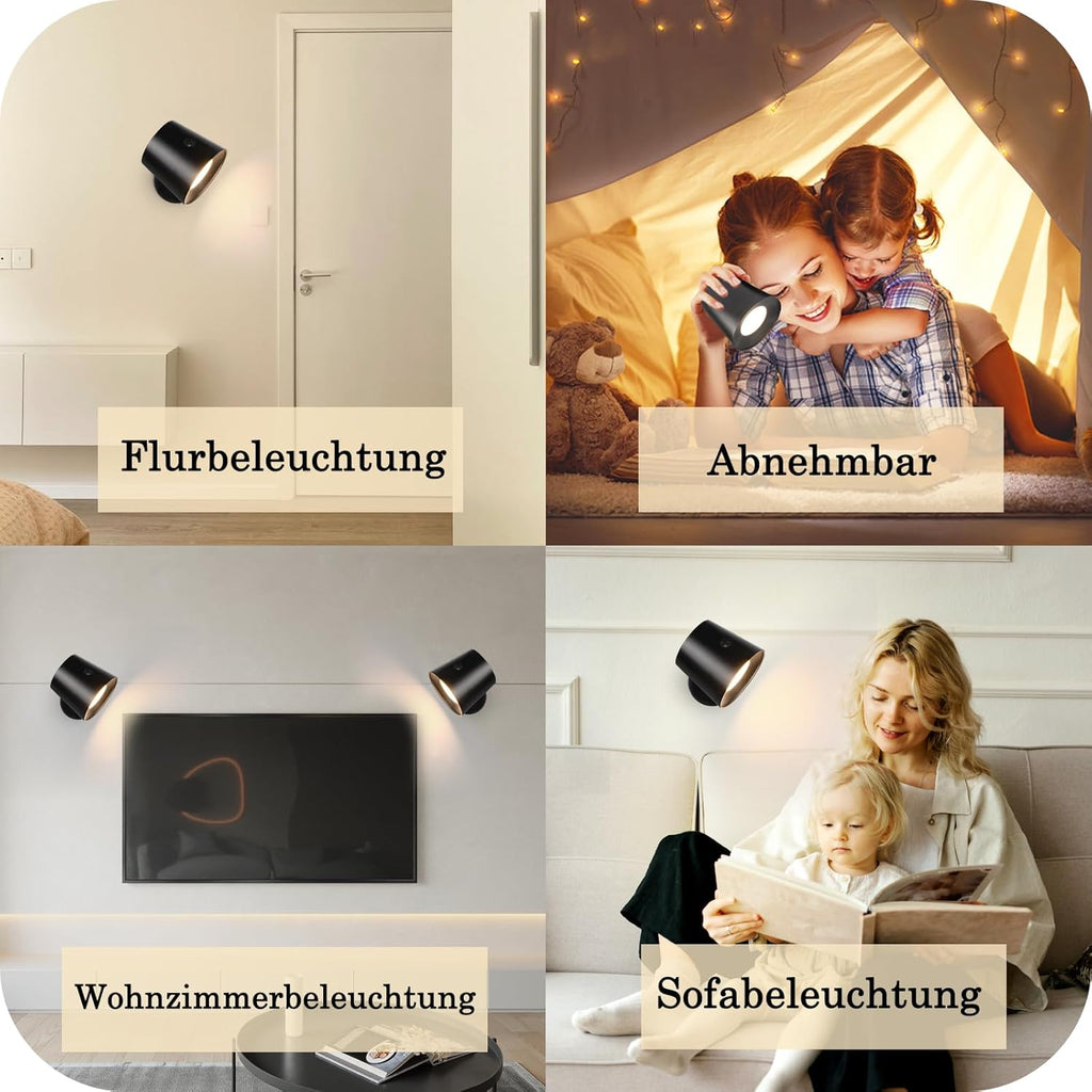 Homefire Wandlampe LED Wandleuchte Innen: Wandlampe mit akku ohne Stromanschluss mit Touch Dimmbar 360° drehbar Leselampe Schwarze Kabellose Wandlicht ohne bohren für Schlafzimmer Flur