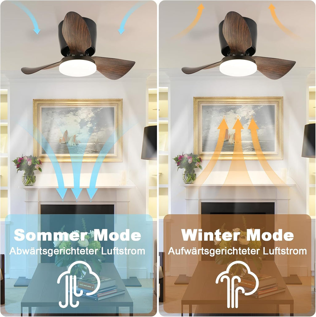 Homefire Deckenventilator Mit Beleuchtung und Fernbedienung Leise - 23W Dimmbar LED Deckenlampe mit Ventilator 70CM Schwarz Deckenventilatoren mit Licht Sommer/Winter 6-Gang Timer für Wohnzimmer Küche