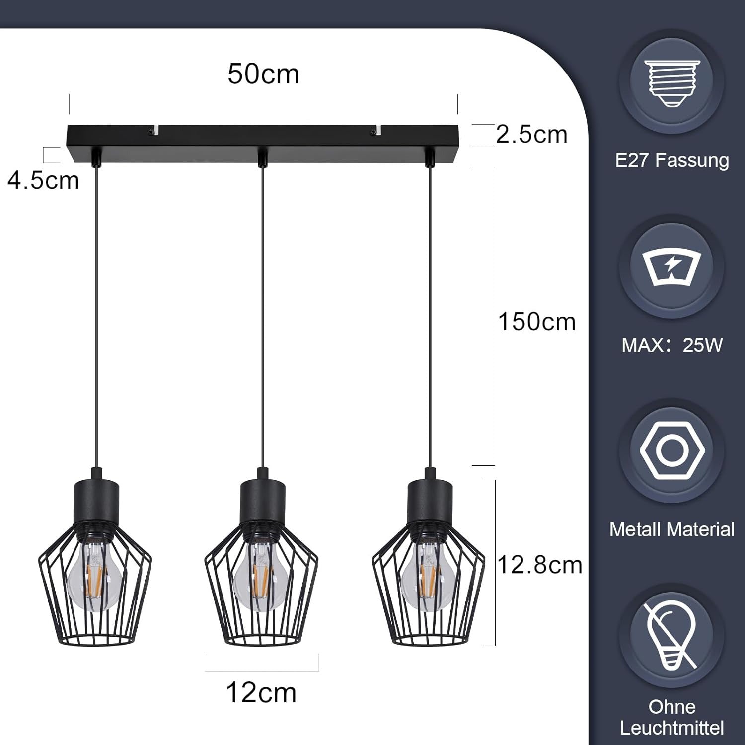 Pendellampe 3 Flammig Hängeleuchte Metall - Hängelampe Schwarz E27 Esszimmer Pendelleuchte Esstisch Küchenlampe Industrie LED für Flur Schlafzimmer Wohnzimmer Cafe