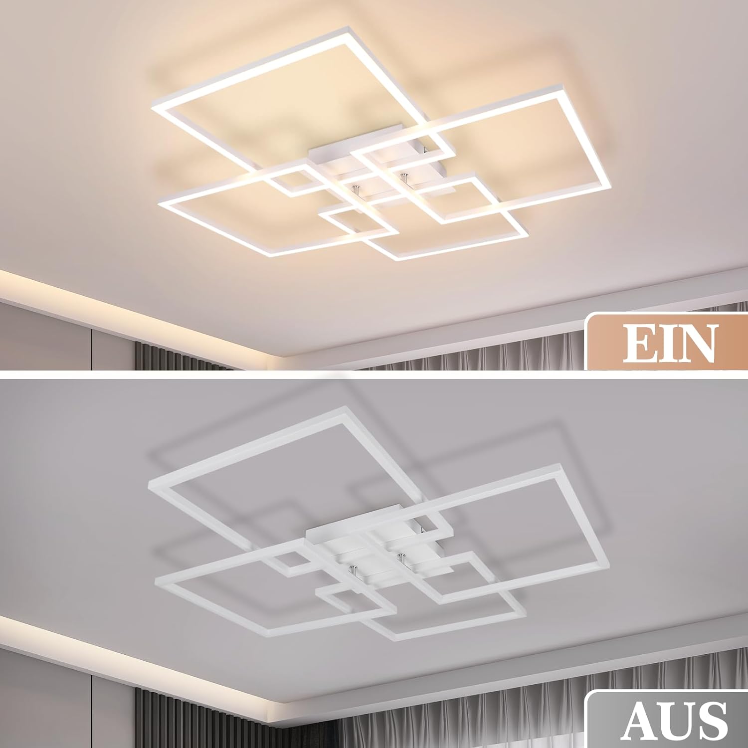 Homefire Deckenlampe Wohnzimmer LED Deckenleuchte - 48W Modern Wohnzimmerlampe Stufenloses Dimmbar 3000K - 6500K Weiß Schlafzimmerlampe mit Fernbedienung Eckig Deckenbeleuchtung für Schlafzimme Küche