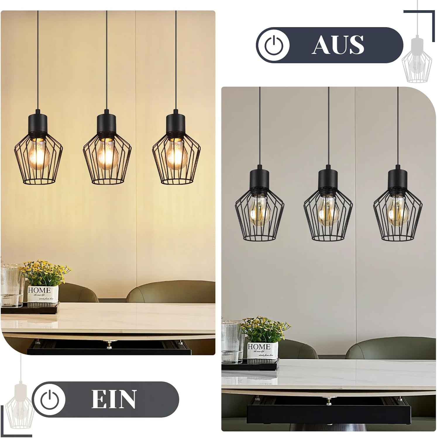 Pendellampe 3 Flammig Hängeleuchte Metall - Hängelampe Schwarz E27 Esszimmer Pendelleuchte Esstisch Küchenlampe Industrie LED für Flur Schlafzimmer Wohnzimmer Cafe