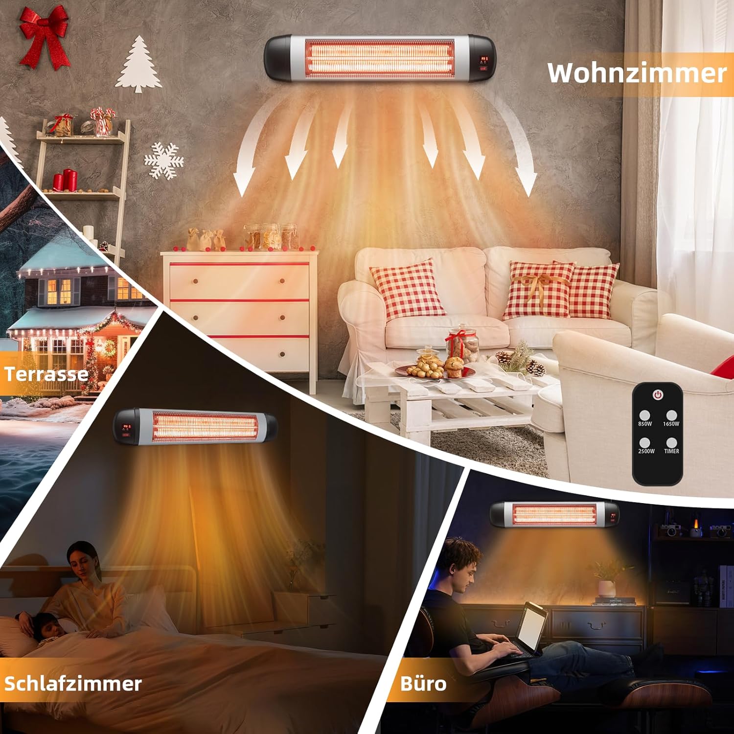 Homefire Heizstrahler Terrasse Infrarotheizung - 2500W Infrarot Strahler Outdoor mit Fernbedienung Elektrisch Wärmestrahler Wandmontage 3 Heizstufen Terrassenstrahler Aussen für Bad Balkon Garten
