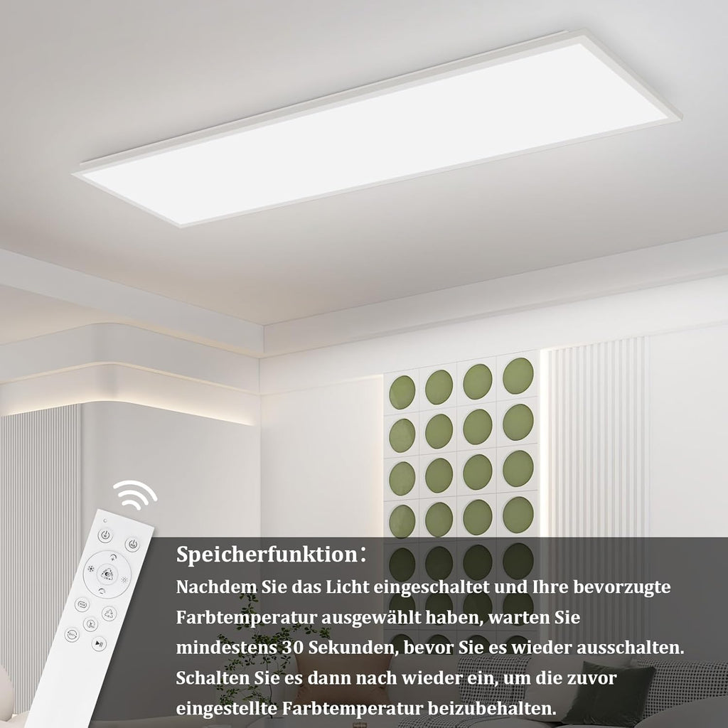 Homefire Deckenlampe LED Panel 120 x 30cm - Deckenleuchte Dimmbar 36W Deckenpanel Weiß Wohnzimmerlampe Einstellbare Helligkeit RGB Vier Modi Flach Bürolampe mit Speicherfunktion für Wohnzimmer