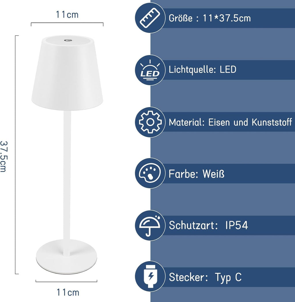 Homefire Tischlampe Kabellos LED Tischleuchte - Nachttischlampe Touch Dimmbar Schreibtischlampe IP54 Bettleuchte Tisch USB Tischlampe Aufladbar Weiß für Schreibtisch Nachttisch Schlafzimmer