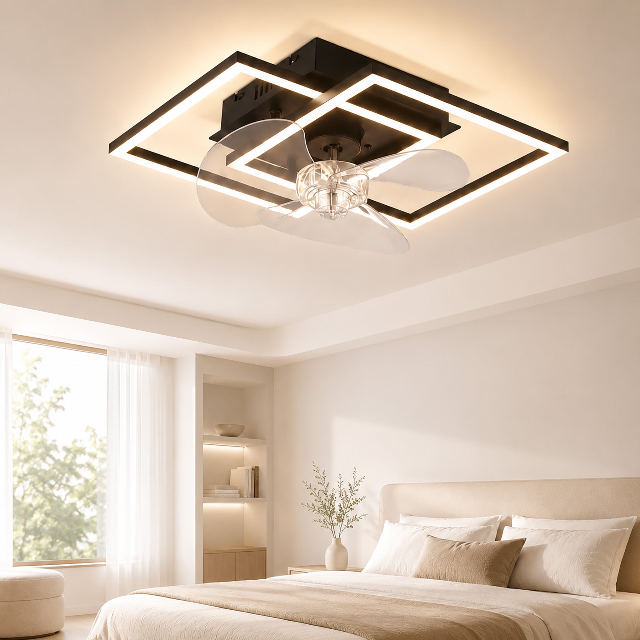 Homefire LED Deckenventilator Mit Beleuchtung - Leise Deckenlampe Mit Ventilator Und Fernbedienung Schwarz 3000-6500K Dimmbar Modern Deckenventilatoren Mit Licht 6-Gang DC-Motor Timer für Schlafzimmer