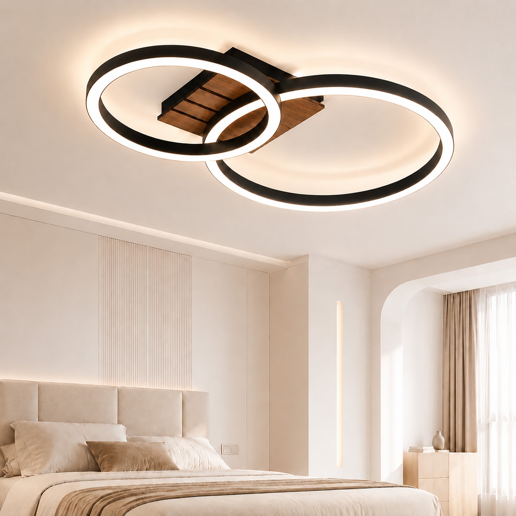 Homefire Deckenleuchte Wohnzimmer Deckenlampe LED - 44cm Küchenlampe 3000K Warmweiß Flur 14W Modern Schlafzimmerlampe 2-Ring Design Wohnzimmerlampe in Holzoptik für Küche Schlafzimmer Büro