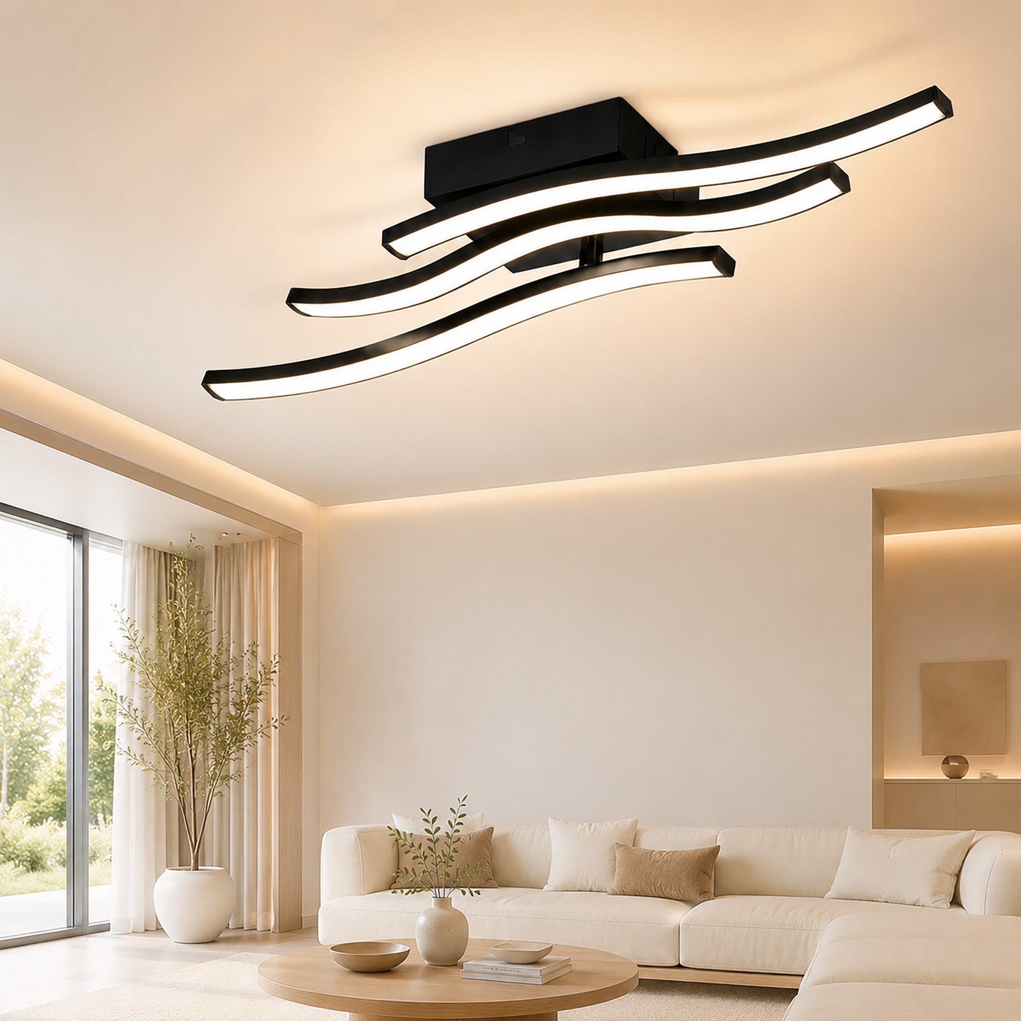 Homefire LED Deckenlampe Schlafzimmer Deckenleuchte: Modern Schlafzimmerlampe Schwarz 18W Wohnzimmerlampe 3000K Wellen Design Küchenlampe Innen Warmweiß Flurlampe für Wohnzimmer Küche Flur