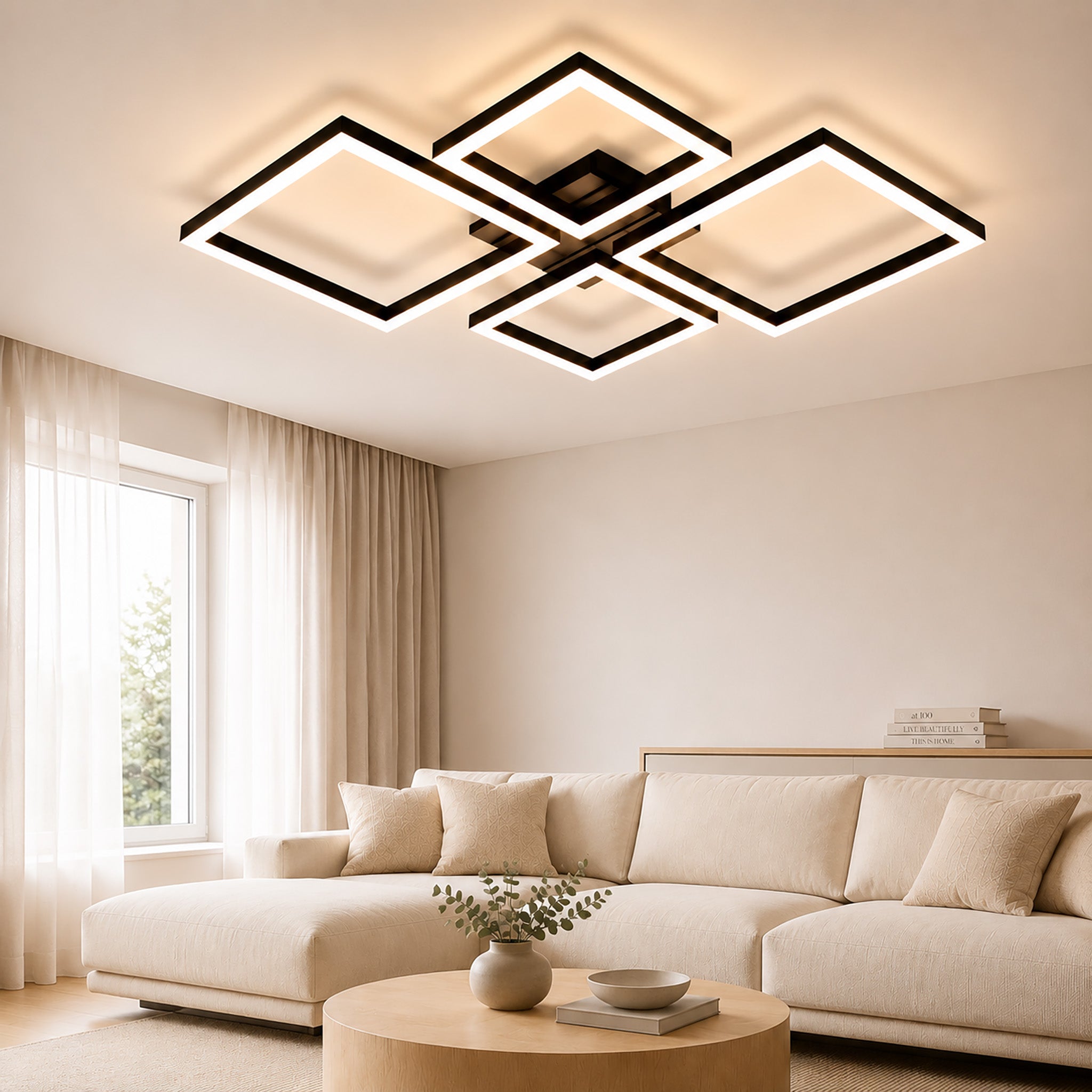 Homefire LED Deckenleuchte Deckenlampe Wohnzimmer - 66CM Wohnzimmerlampe Modern Design Schlafzimmer Schwarz 3000K Warmweiß Schlafzimmerlampe in Holzoptik Deckenbeleuchtung für Küche Esszimmer