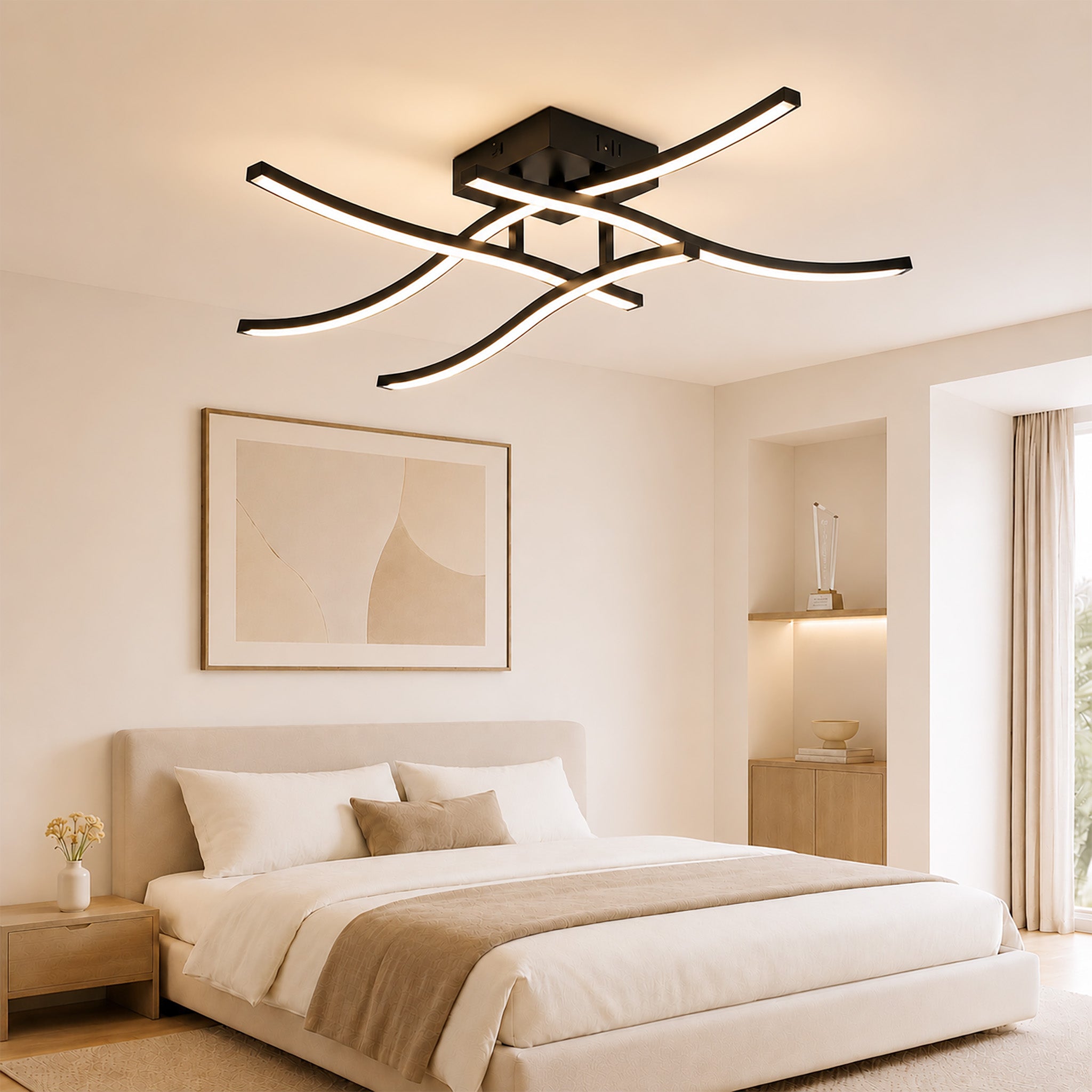Homefire LED Deckenlampe Wohnzimmer Deckenleuchte: 24W Wohnzimmerlampe Schwarz Modern Schlafzimmer Lampe Decke 3000K Wellen Design Küchenlampe Warmweiß Deckenbeleuchtung für Küche Flur Büro
