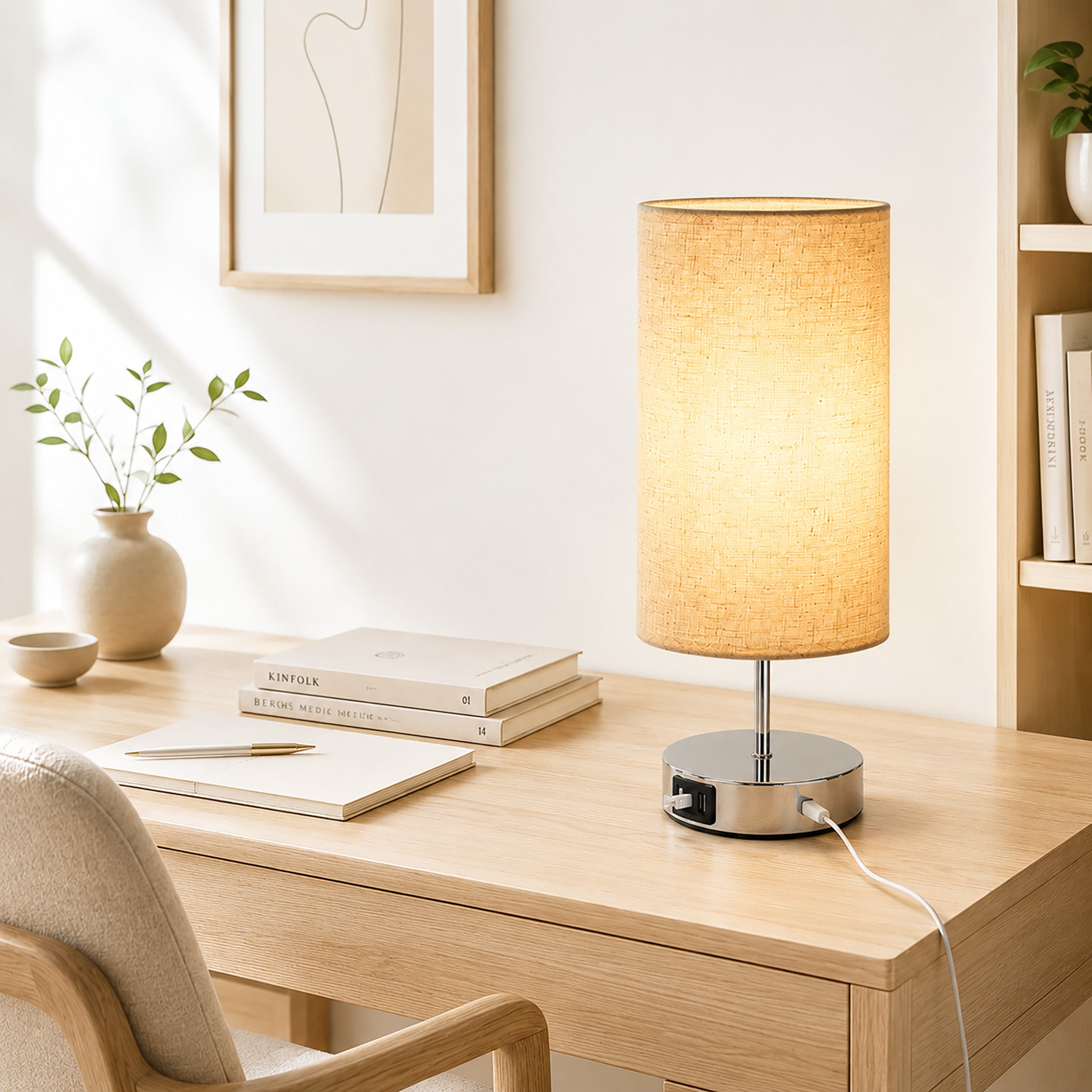 Homefire Nachttischlampe Touch Dimmbar 2er - Tischlampe E27 USB Ladefunktion Wohnzimmer Chrom mit Stoff Lampenschirm für Schlafzimmer Wohnzimmer Nachttisch Schreibtisch Leuchtmittel nicht enthalten