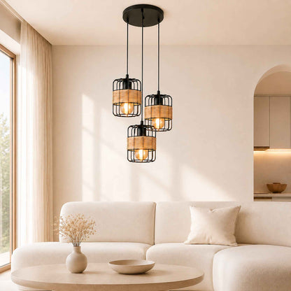 Homefire Pendelleuchte Esstisch Hängelampe Vintage - Rustikal Esstischlampe Rund Schwarz 3 Flammig Retro Hängeleuchte E27 Rattan Wohnzimmerlampe Hängend Metall Natur für Esszimmer Schlafzimmer Küche